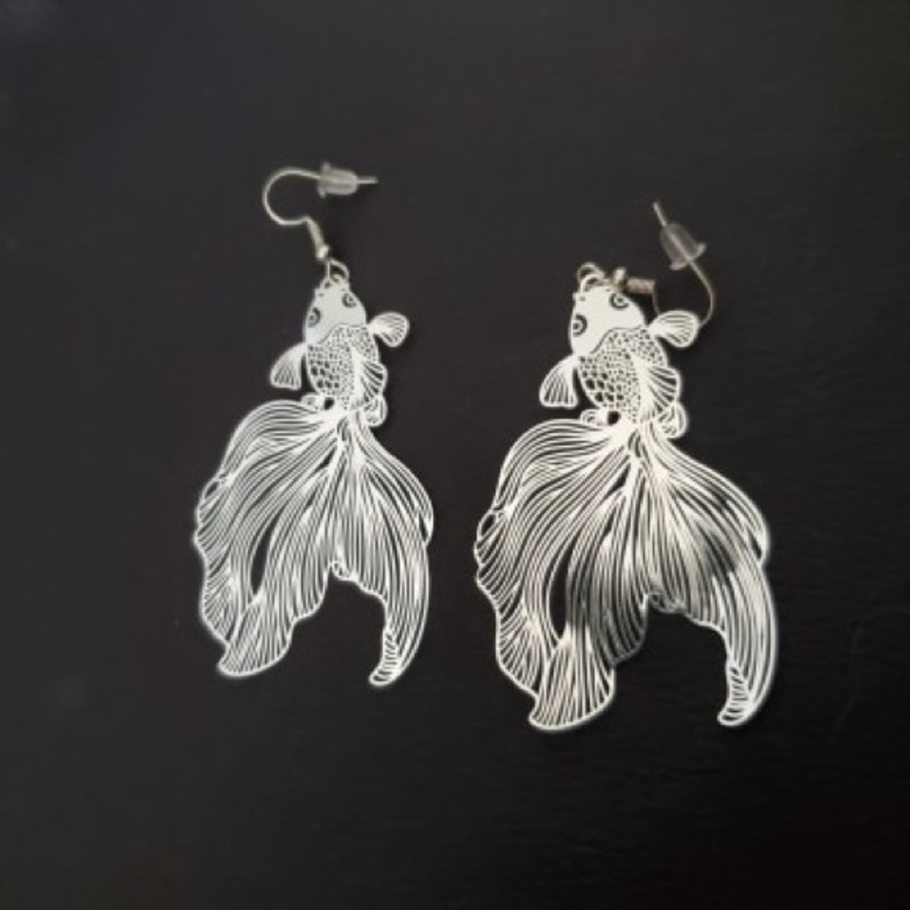 925 black metal koi fish filigree earrings hoops - Picture 7 of 11